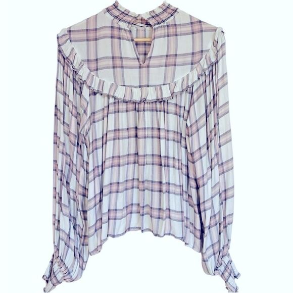 Free People Charlie Ruffle Plaid Mockneck Blouse - Picture 4 of 7